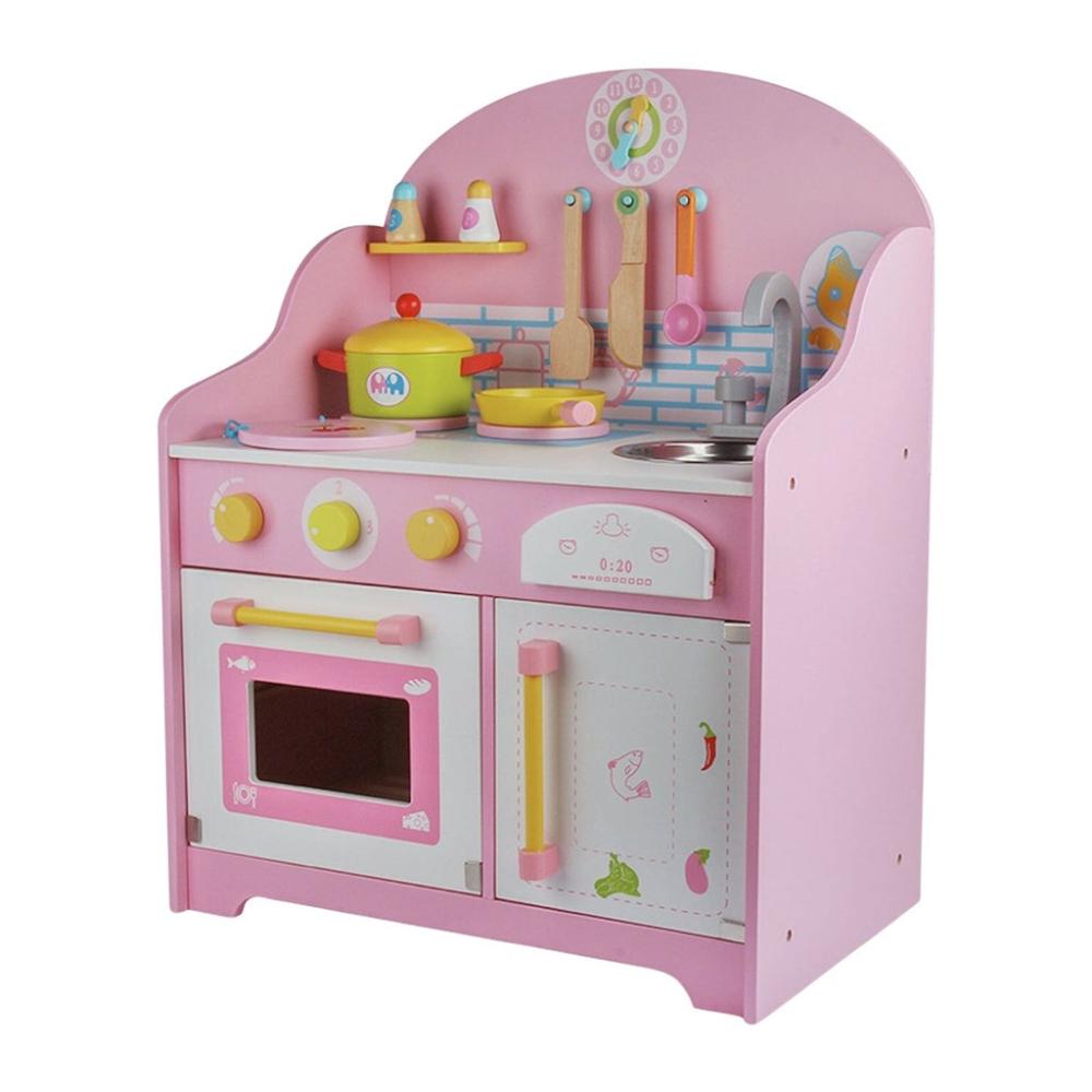 Wooden Kitchen Playset for Kids with Clock (Japanese Style Kitchen Set - Pink)