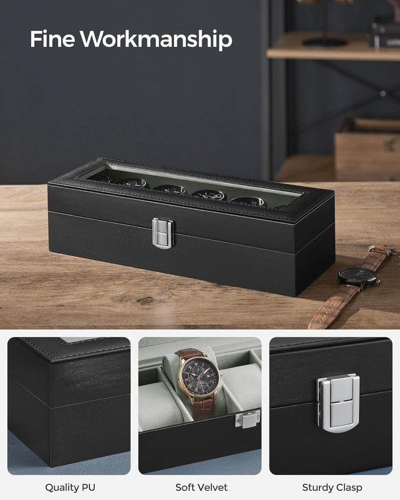 Watch Box for 6 Watches with Glass Lid - Black Synthetic Leather Grey Lining