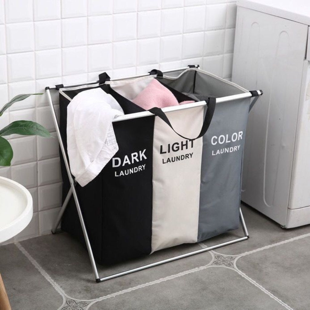 Foldable Laundry Cloth Hamper with 3 Sections - 135L (White + Grey + Black)