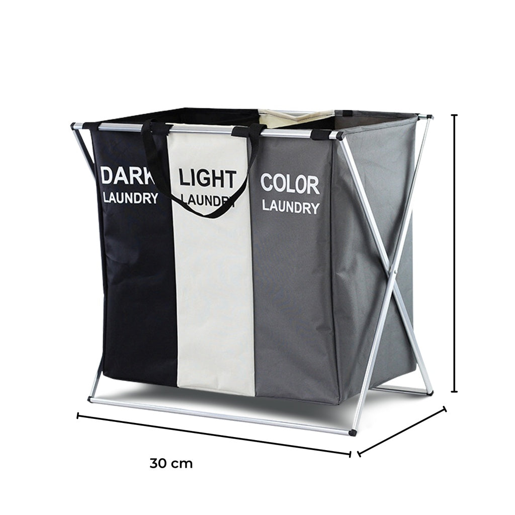 Foldable Laundry Cloth Hamper with 3 Sections - 135L (White + Grey + Black)