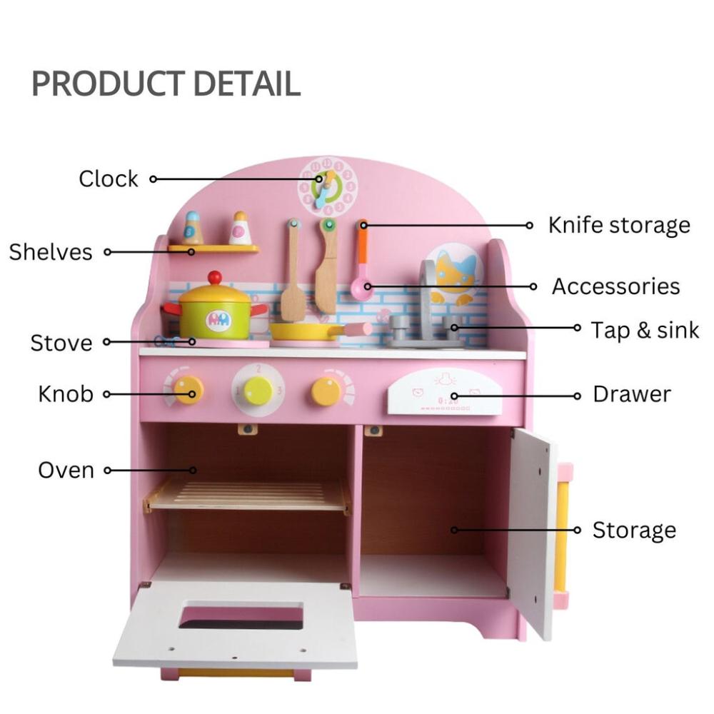 Wooden Kitchen Playset for Kids with Clock (Japanese Style Kitchen Set - Pink)