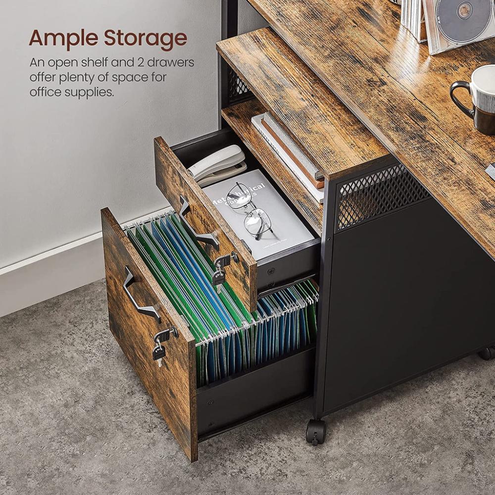 Office File Cabinet with 2 Lockable Drawers- Rustic Brown and Black