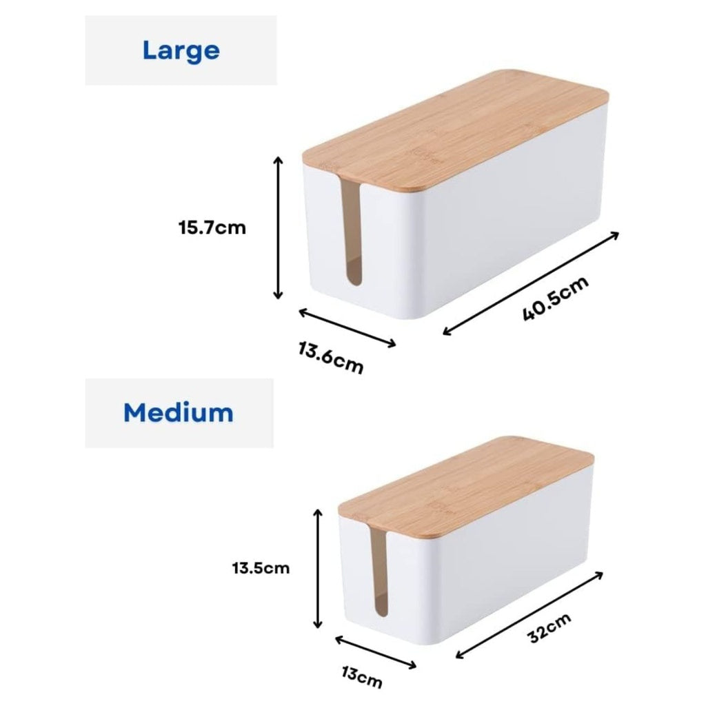 Set of Two Cable Management Box with Wood Pattern Lid - White