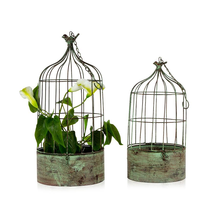 Set Of 2 Nested Round Vintage-Green Bird Cage Plant Pots