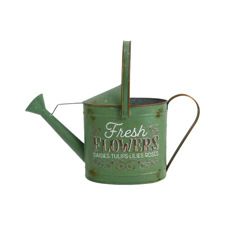 Rustic "Fresh Flowers" Watering Can - Distressed Green