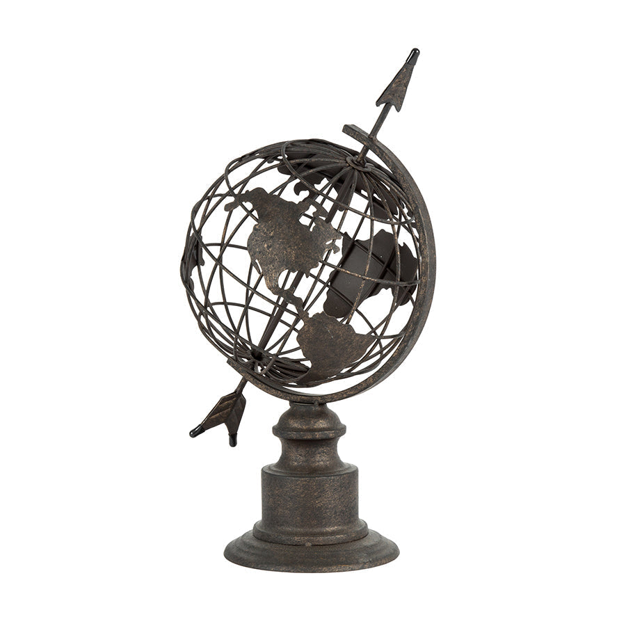 Distressed Metal World Globe With Arrow