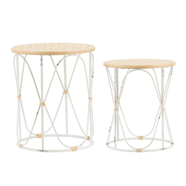 Bamboo Weave Distressed White Side Tables Set of 2