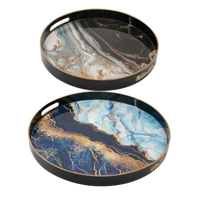 Marble Print Set of 2 Round Trays