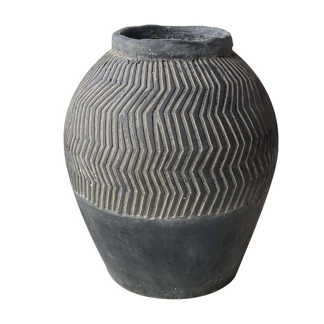 Textured Grey Groove Design Plant Pot