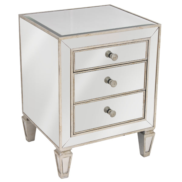 Antique Look 3 Drawer Mirrored Bedside Table