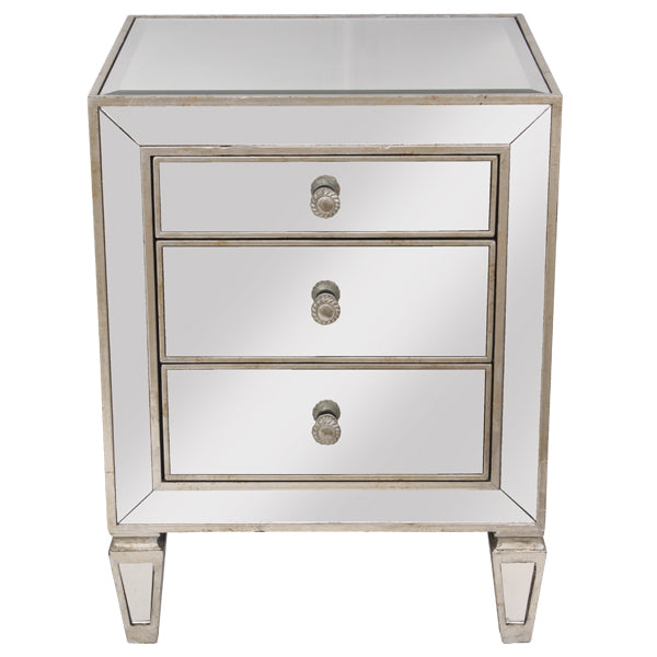 Antique Look 3 Drawer Mirrored Bedside Table