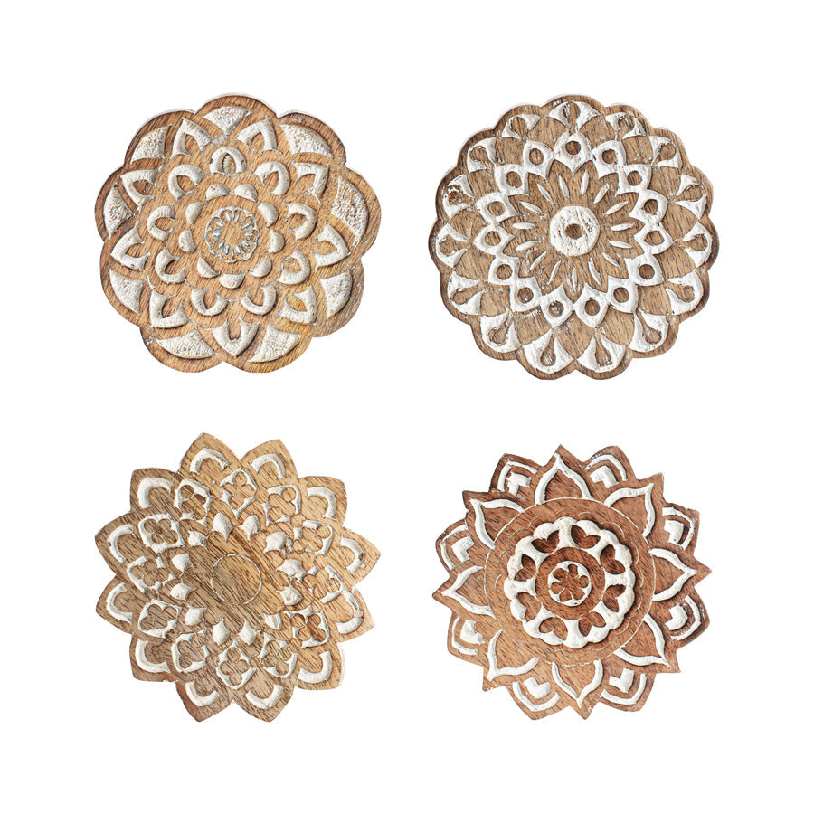 Handcrafted Wooden Mandala Coaster Set Of 4