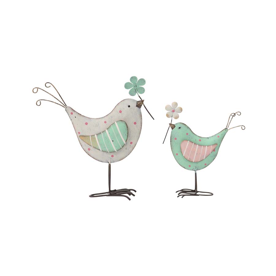 Sweet Heart Metal Birds With Flower Set of 2