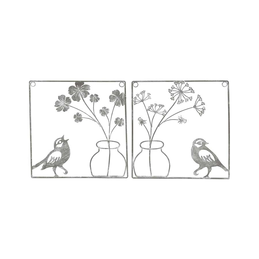 Wire Bird & Flower Vase Wall Decor Set Of 2