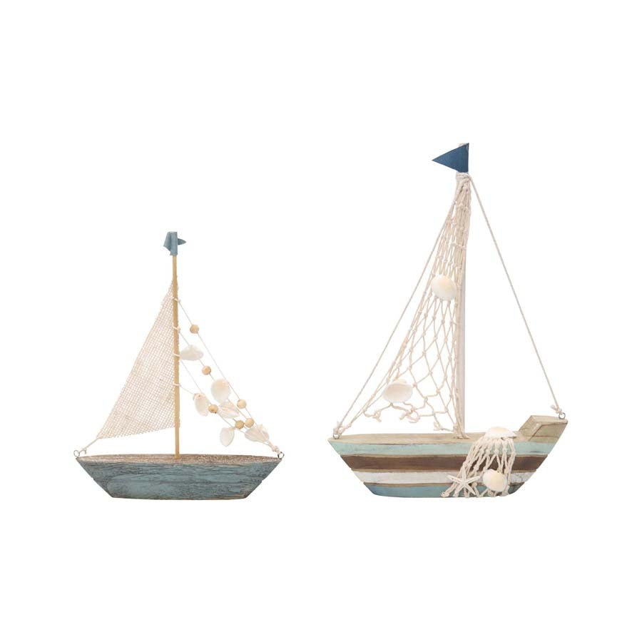 Wooden Boats Decor With Shells Set of 2