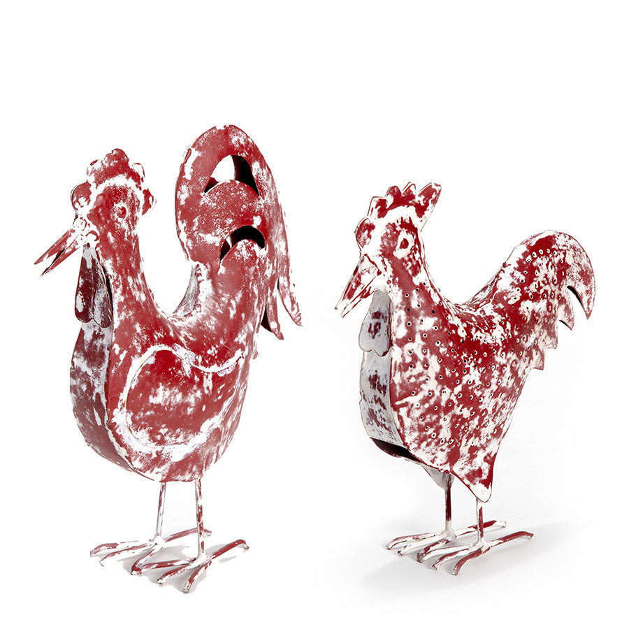 Set/2 Distressed Red Rooster & Chicken Outdoor Decor