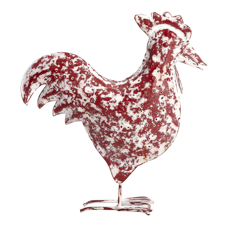 Set/2 Distressed Red Rooster & Chicken Outdoor Decor