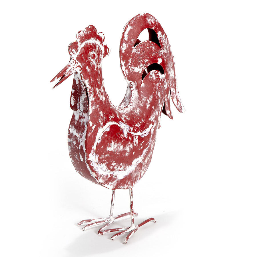 Set/2 Distressed Red Rooster & Chicken Outdoor Decor