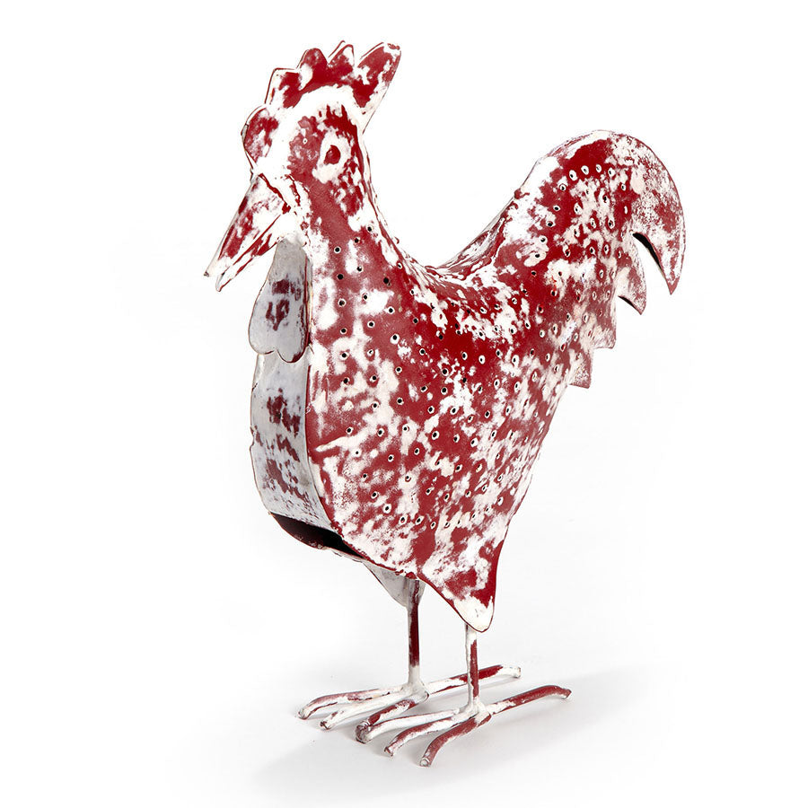 Set/2 Distressed Red Rooster & Chicken Outdoor Decor