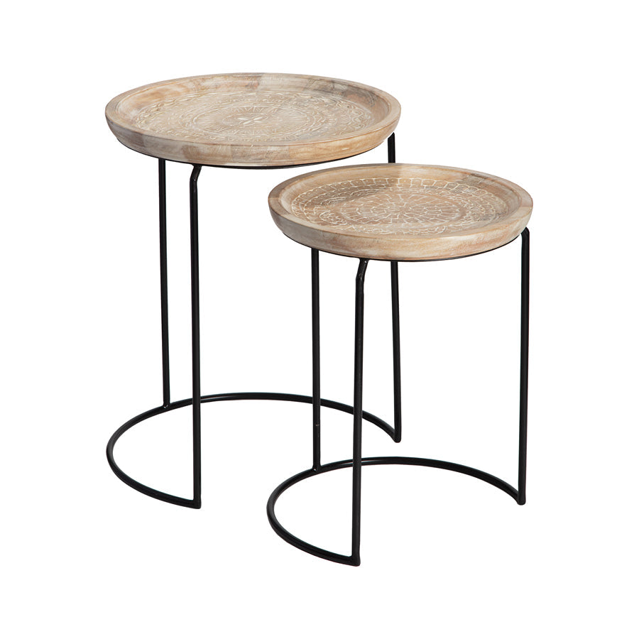 Nested Handcrafted Mandala Wooden Side Tables Set of 2