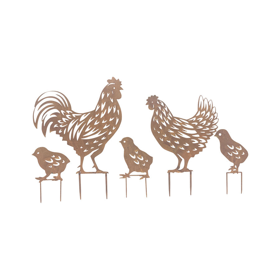 Rust Chook Family of 5 Garden Stakes