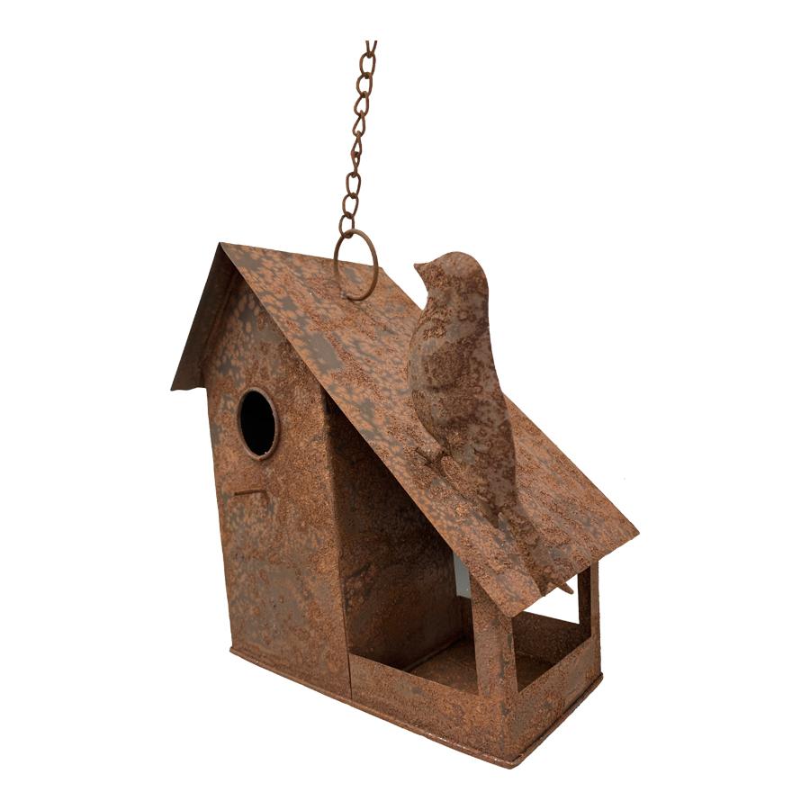 Rusty Hanging Birdhouse With Bird on Roof