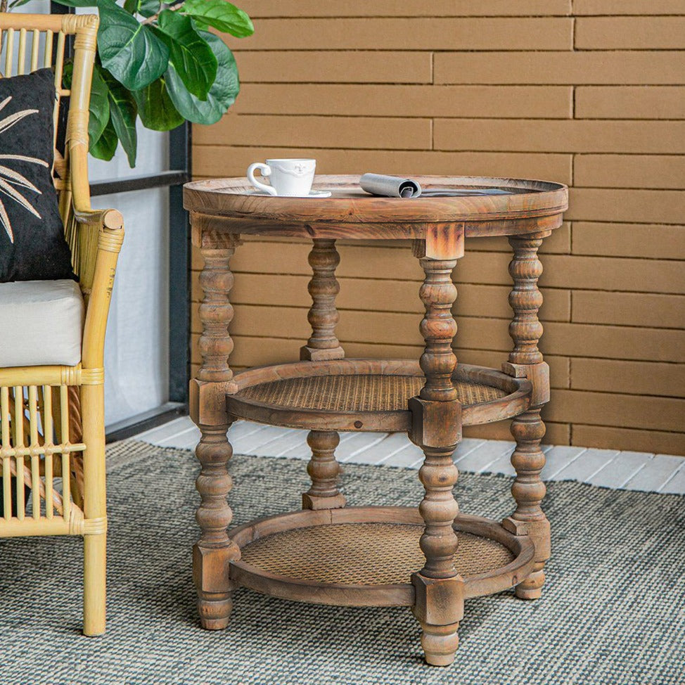 Three Tiered Rattan Side Table