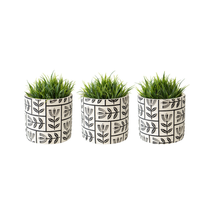 Set Of 3 Monochrome Flower Art Planter