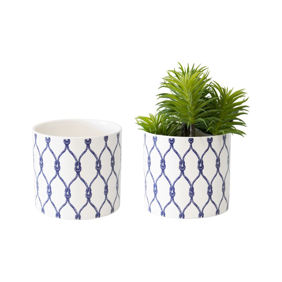 Set Of 2 Hampton White & Blue Knot Planters