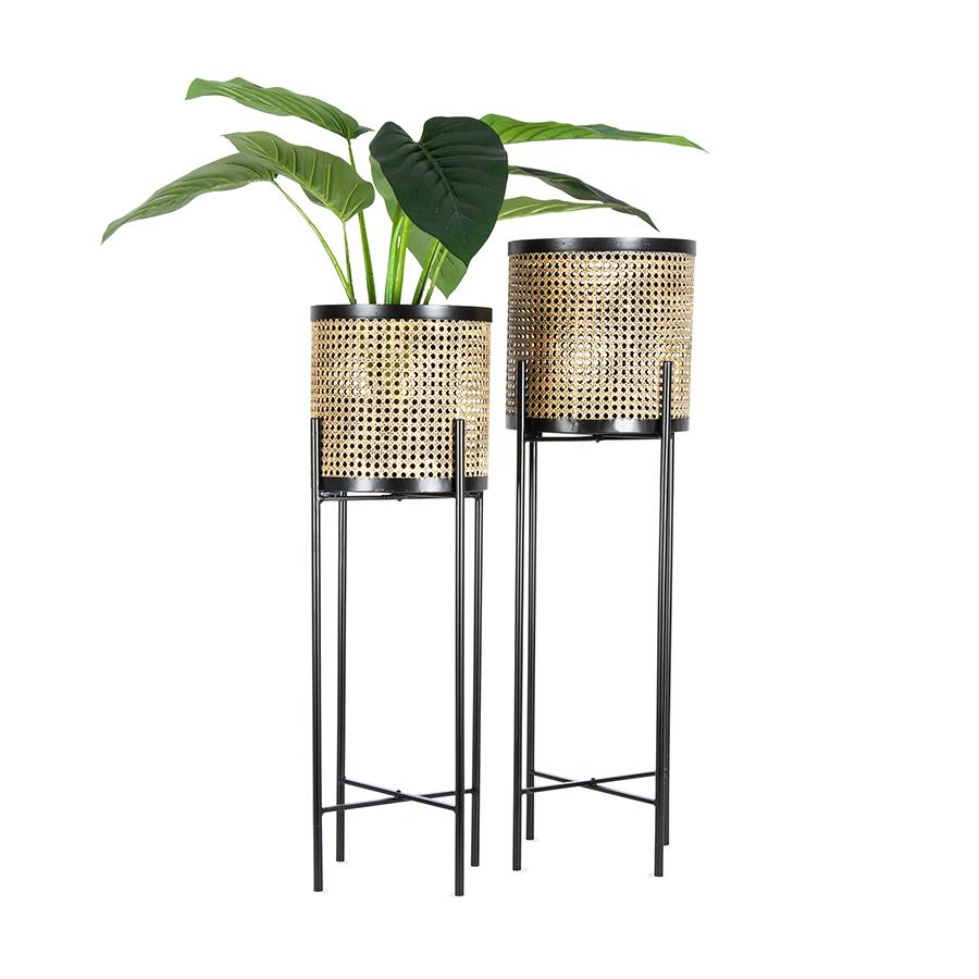 Nested Rattan Look Black Stilted Planters Set of 2