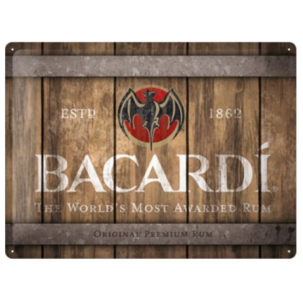 Bacardi Logo On Wood Barrel Metal Sign