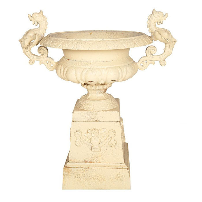 Goblet Cast Iron Urn On Pedestal with Dragon Handles