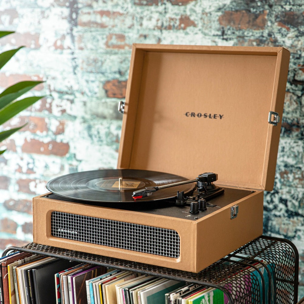 Crosley Voyager Bluetooth Portable Turntable - Tan + Majority D40 Bluetooth Speakers - Black BUNDLE