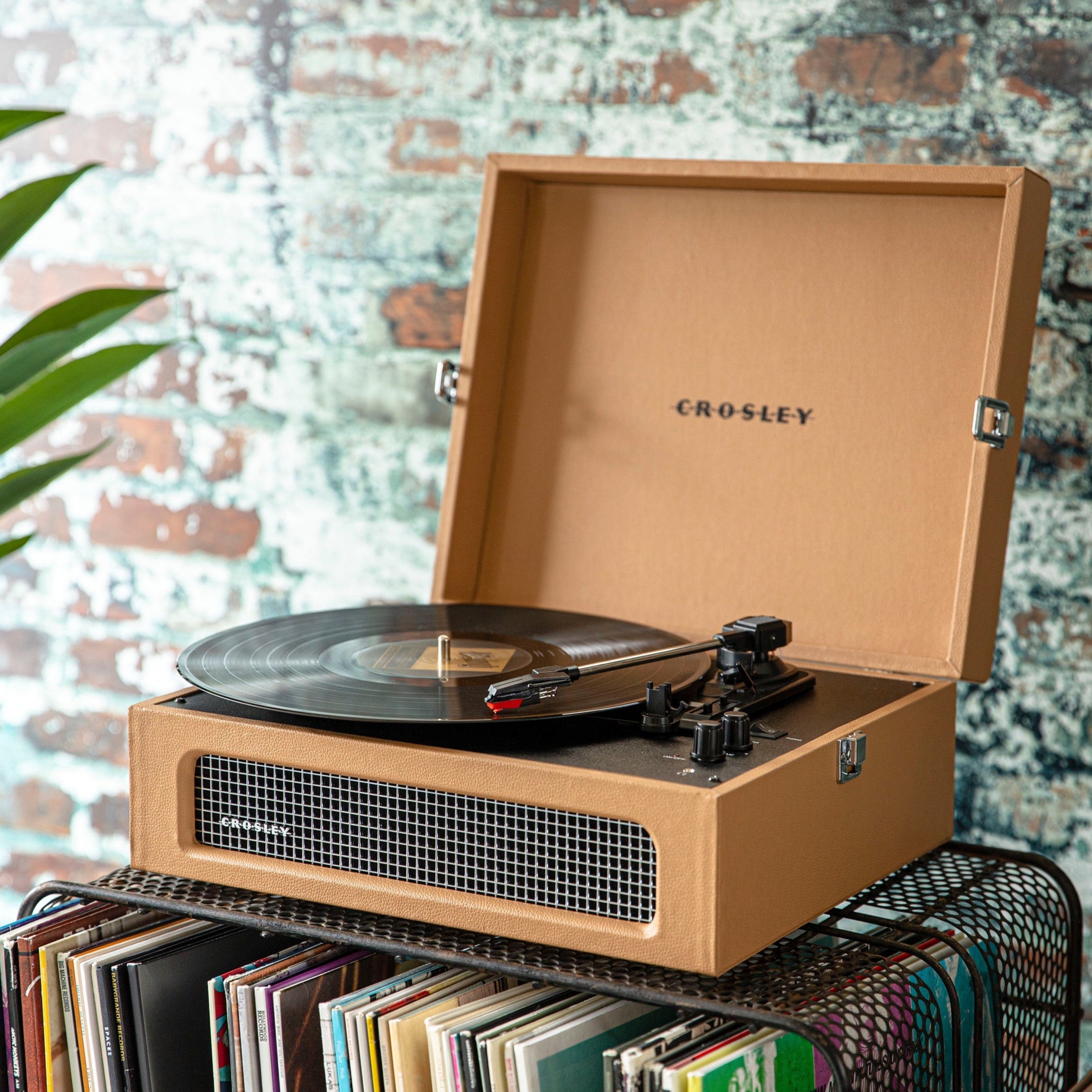 Crosley Voyager Bluetooth Portable Turntable - Tan + HolySmoke Bluetooth Retro Speaker - Black BUNDLE