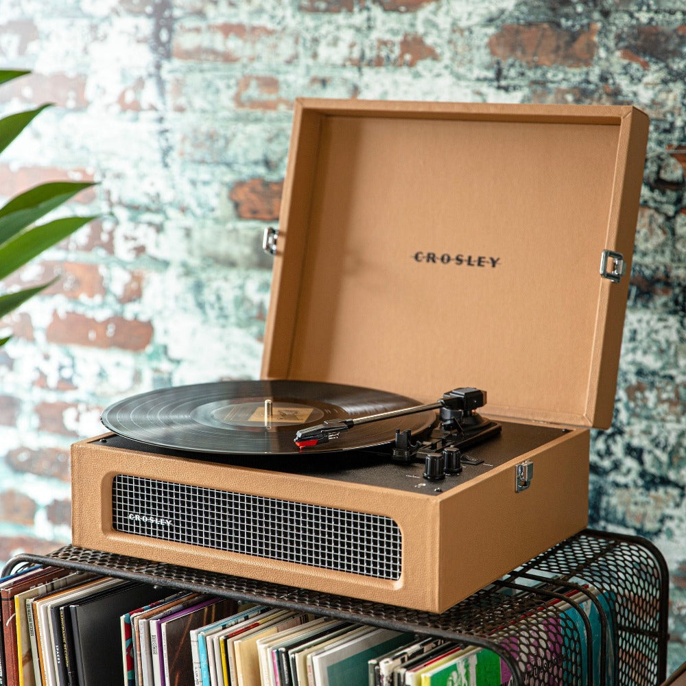 Crosley Voyager Bluetooth Portable Turntable - Tan + Record Storage Crate BUNDLE