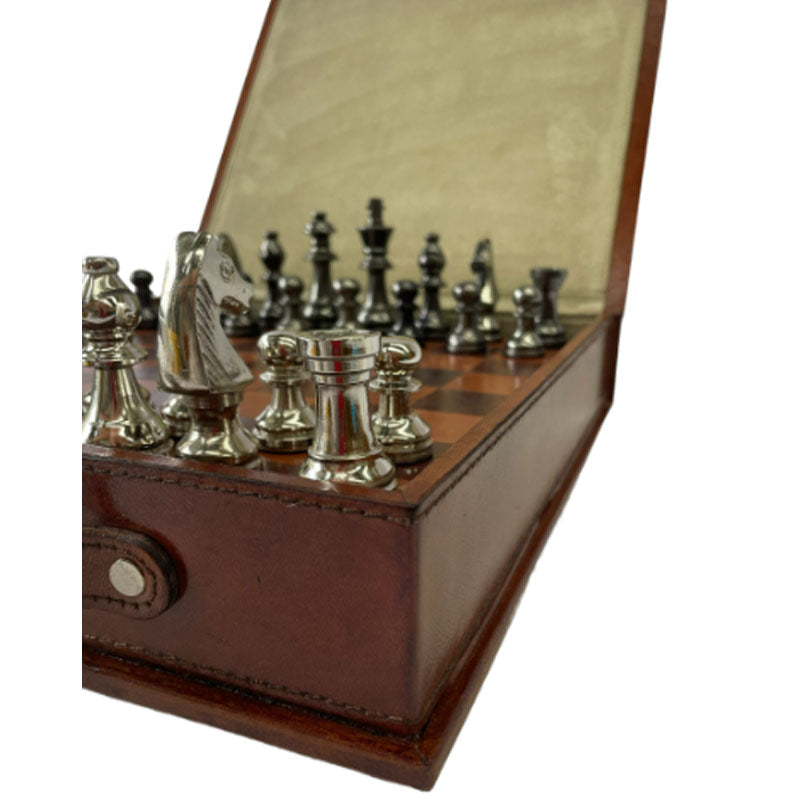 Leather Chess Board With Metal Pieces