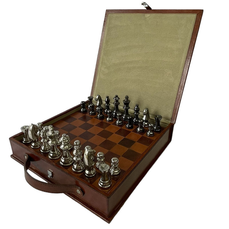 Leather Chess Board With Metal Pieces