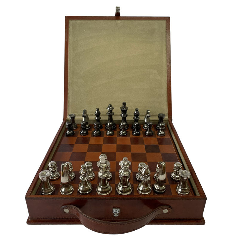 Leather Chess Board With Metal Pieces