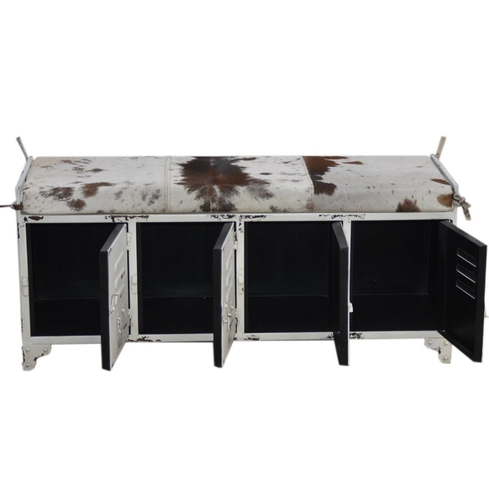 Rusty Look Iron Locker Cowhide Seat Bench