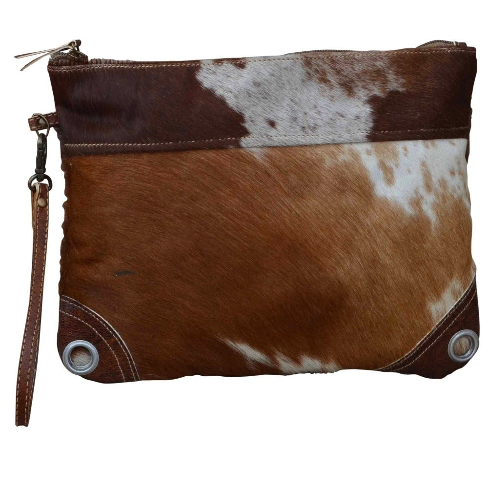 Brown Cow Hide Zip Clutch Bag