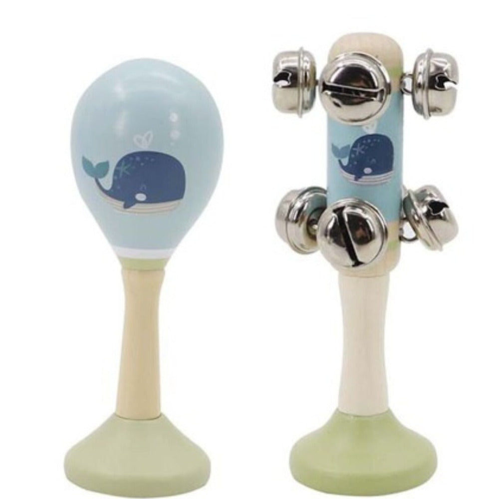 Whale Wooden Maraca & Bell Stick 2Pc Music Set