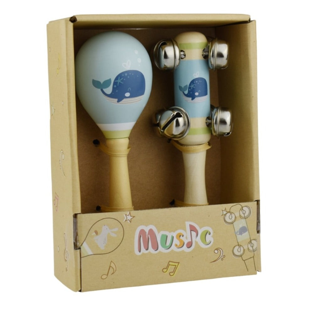 Whale Wooden Maraca & Bell Stick 2Pc Music Set