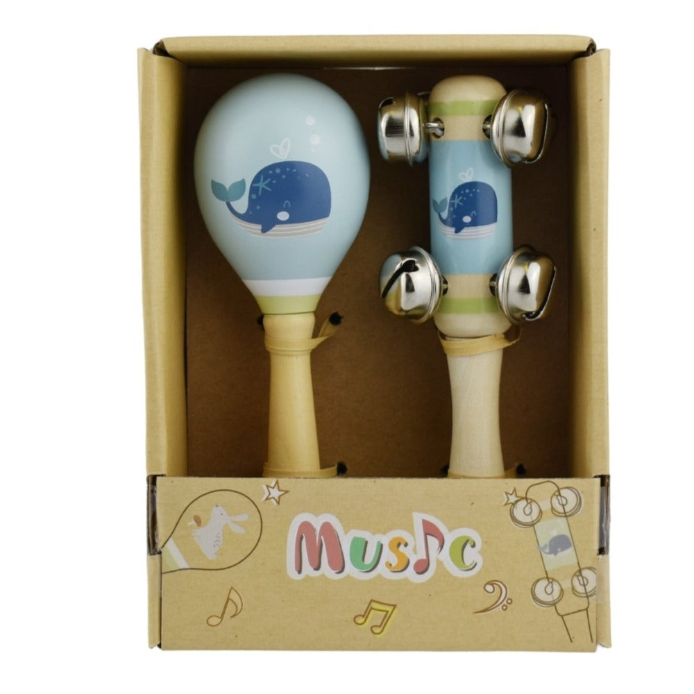 Whale Wooden Maraca & Bell Stick 2Pc Music Set