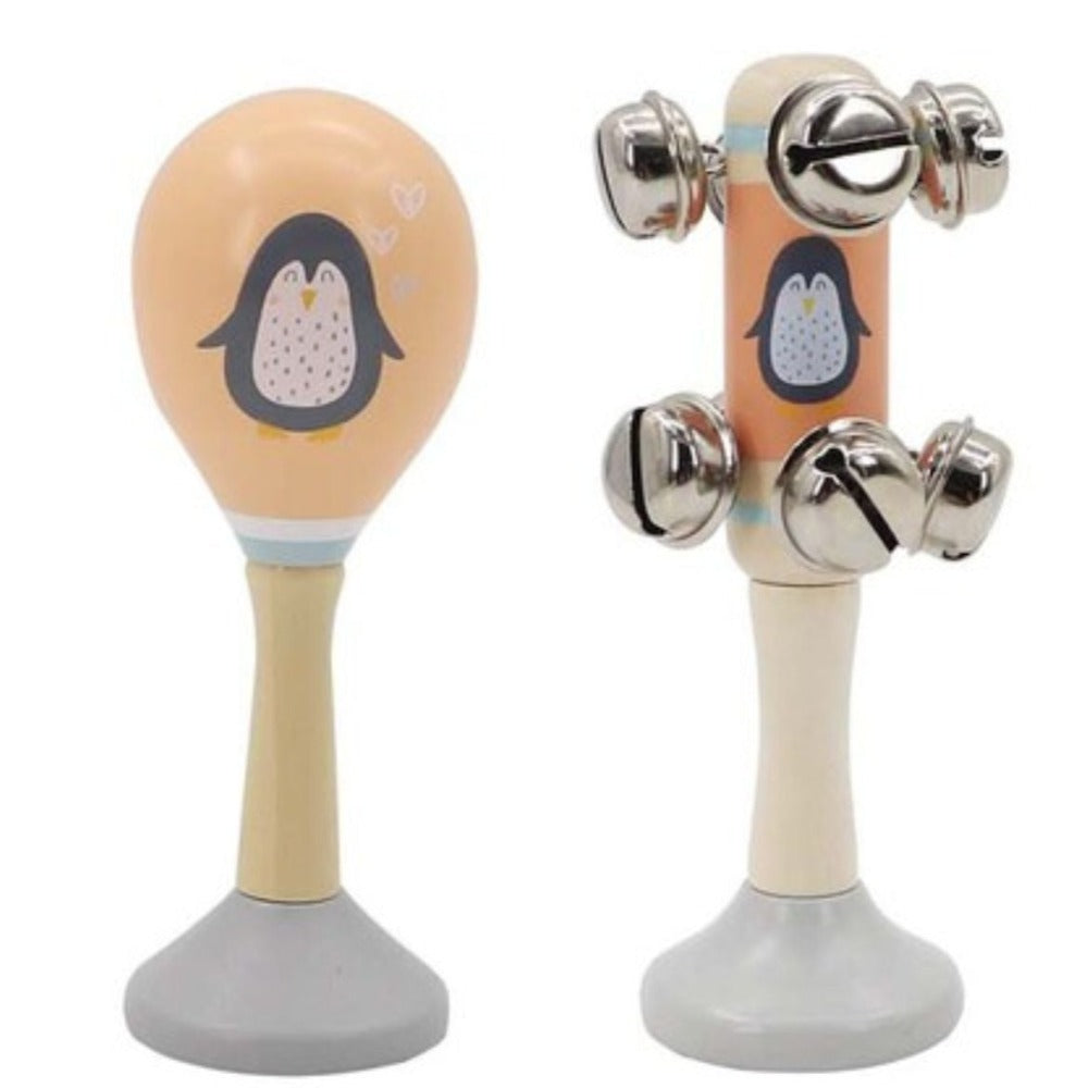 Penguin Wooden Maraca & Bell Stick 2Pc Music Set