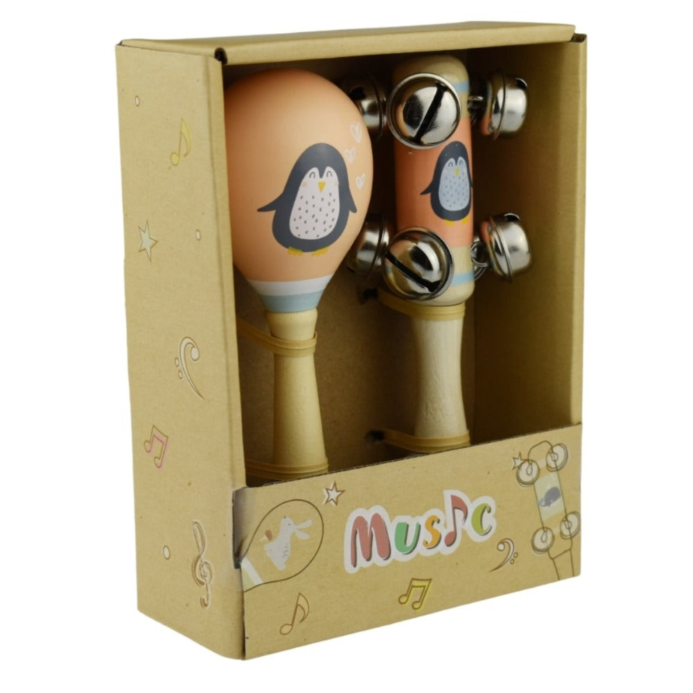 Penguin Wooden Maraca & Bell Stick 2Pc Music Set