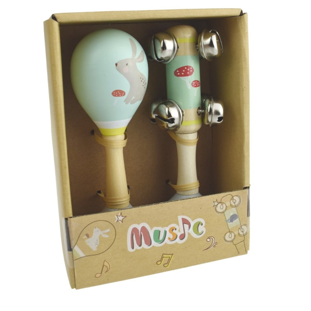 Rabbit Wooden Maraca & Bell Stick Kids Musical Set