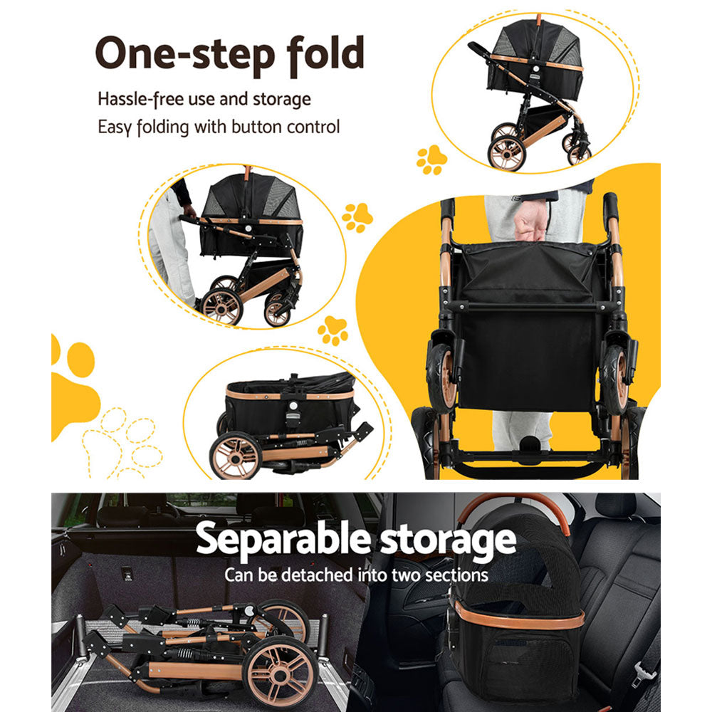 Pet Dog Stroller Pram Large Cat Carrier Foldable 4 Wheels