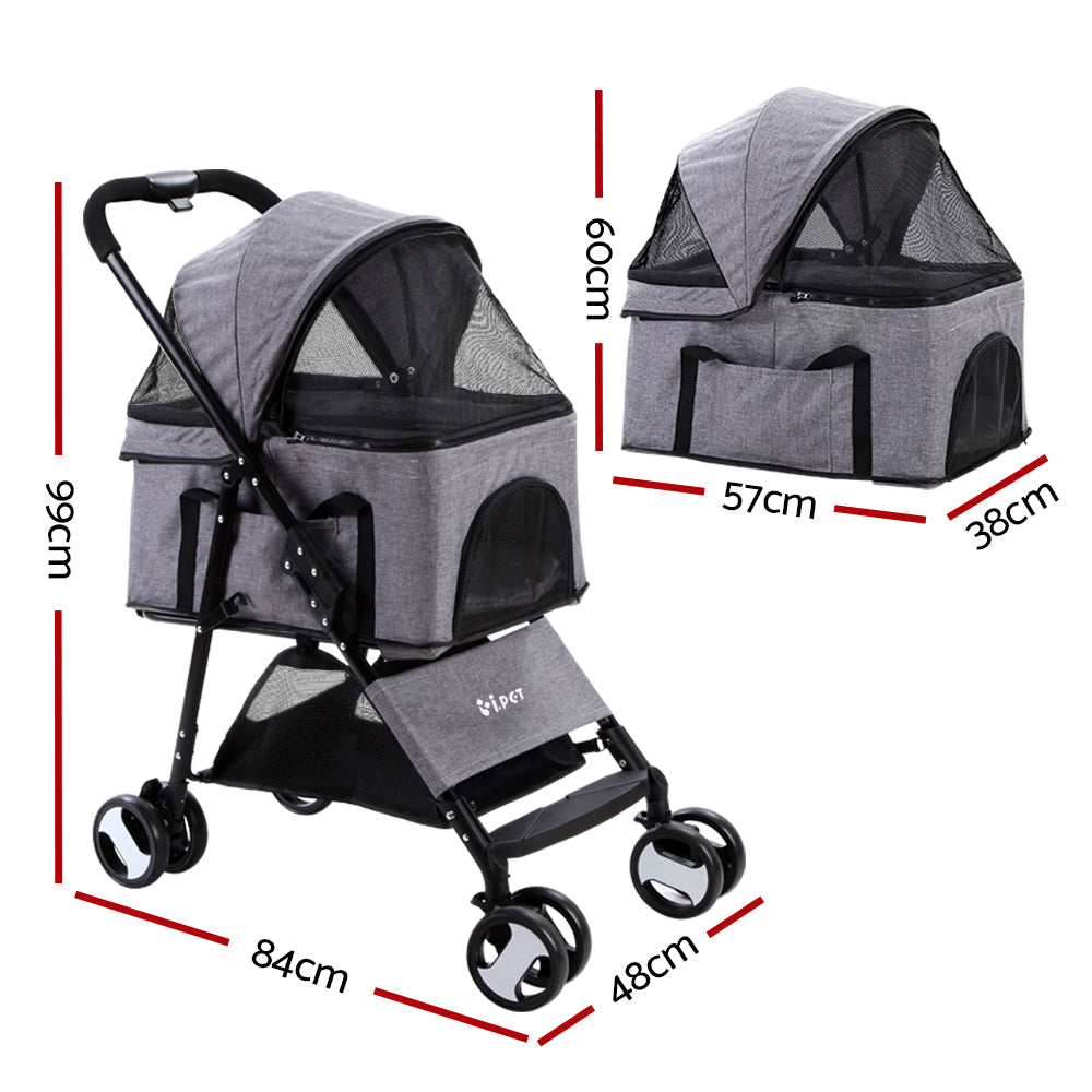 Pet Stroller Dog Carrier Foldable Pram 3 In 1 Grey