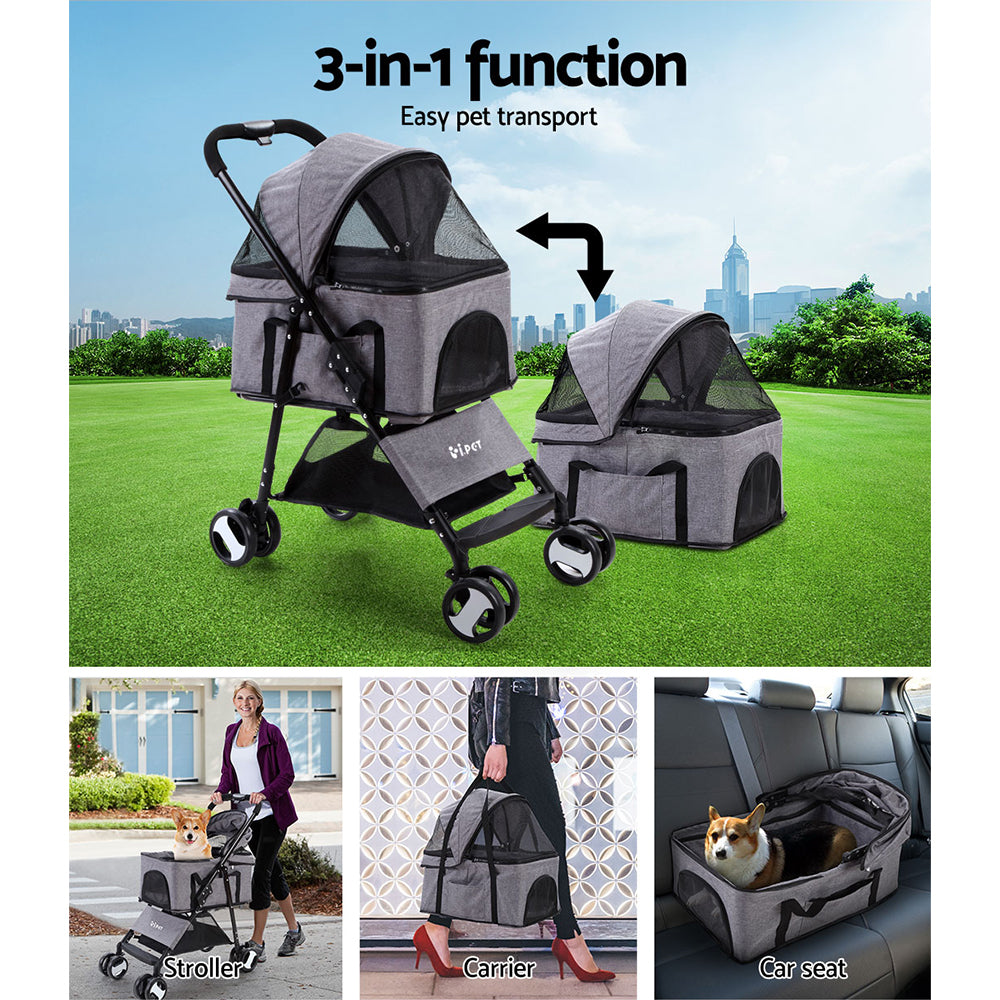 Pet Stroller Dog Carrier Foldable Pram 3 In 1 Grey