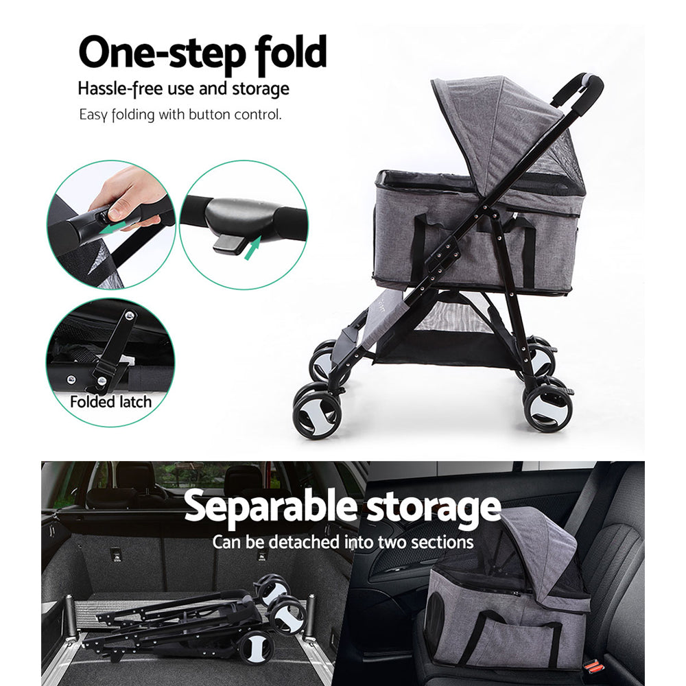 Pet Stroller Dog Carrier Foldable Pram 3 In 1 Grey